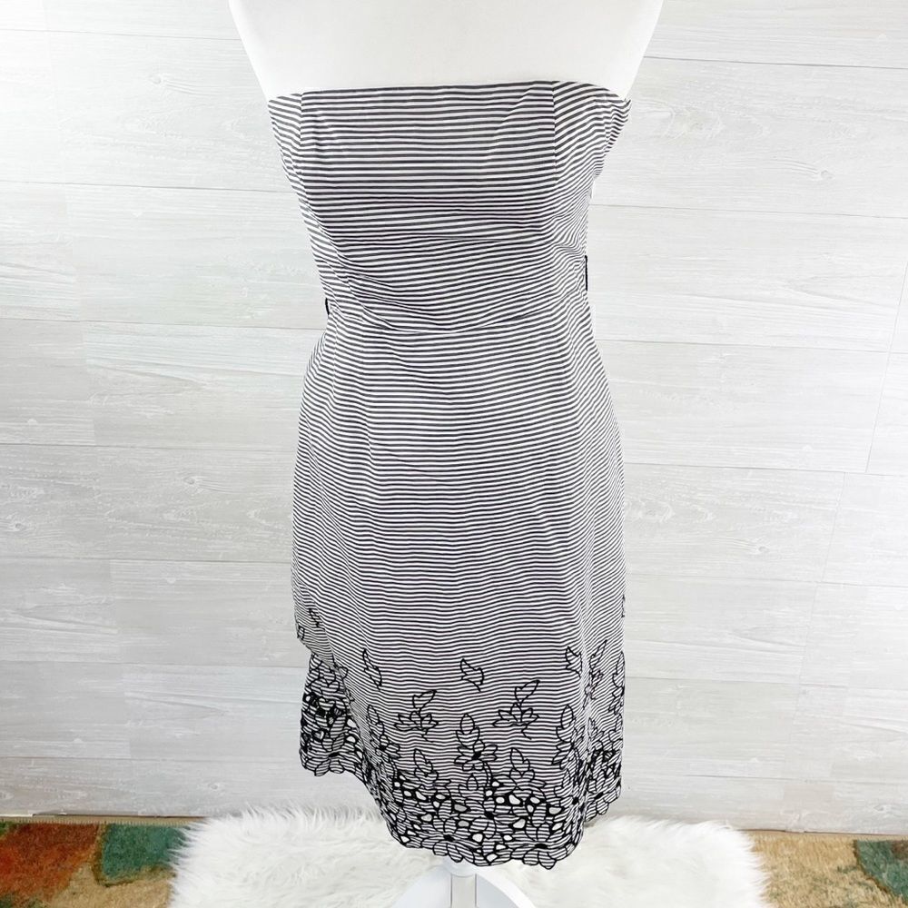 Tibi Striped Floral Eyelet Cotton Strapless Straight Fit Dress